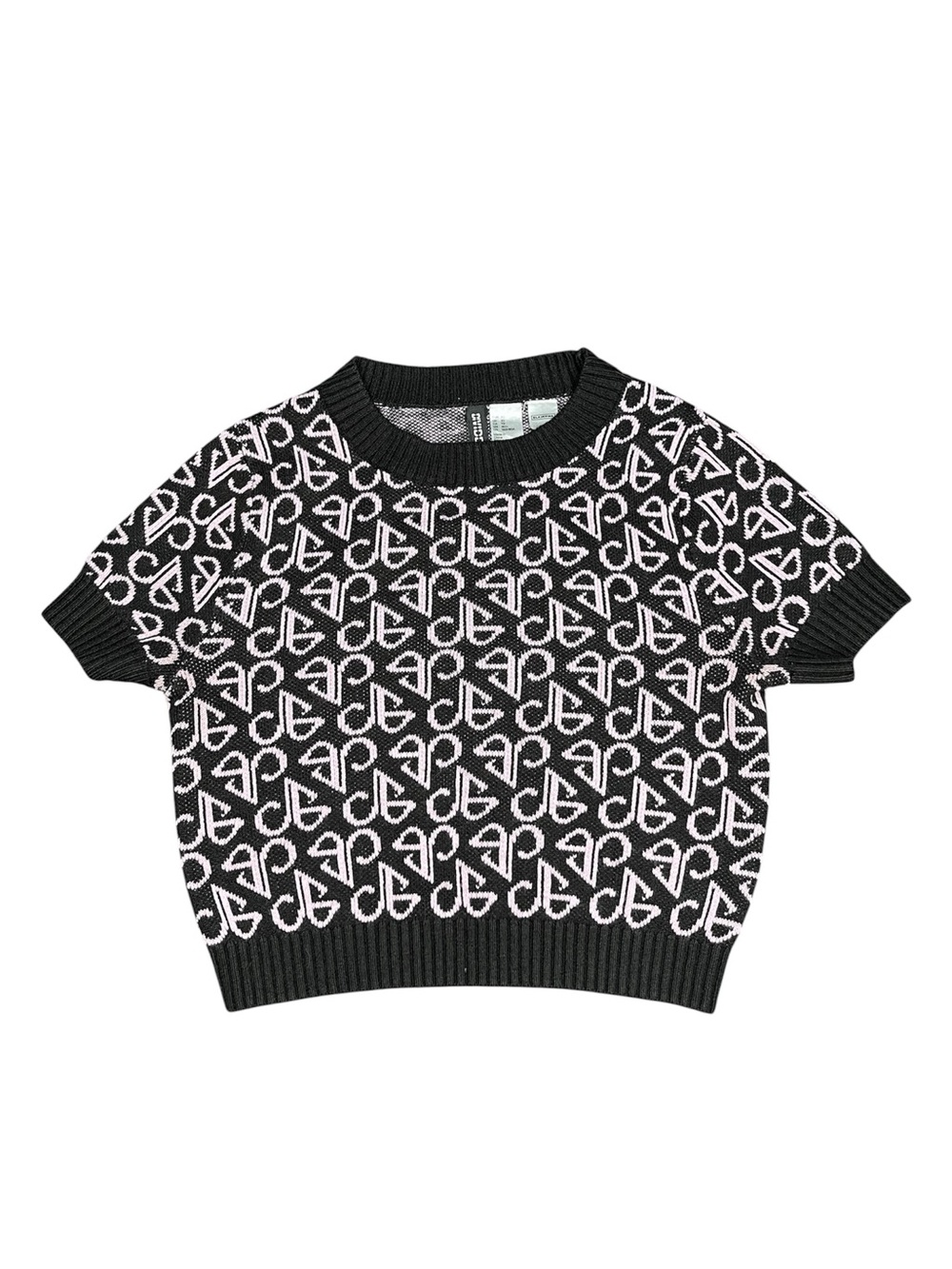 Divided H&M Black & Light Pink Monogram Short-Sleeve Knit Sweater